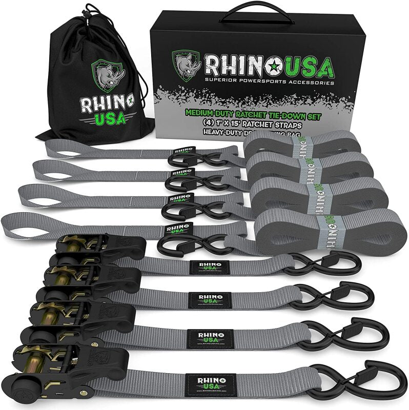 Rhino USA Medium Duty Ratchet Strap Tie-Down 4-Pack (Gray) Cargo Tie-Downs Rhino USA