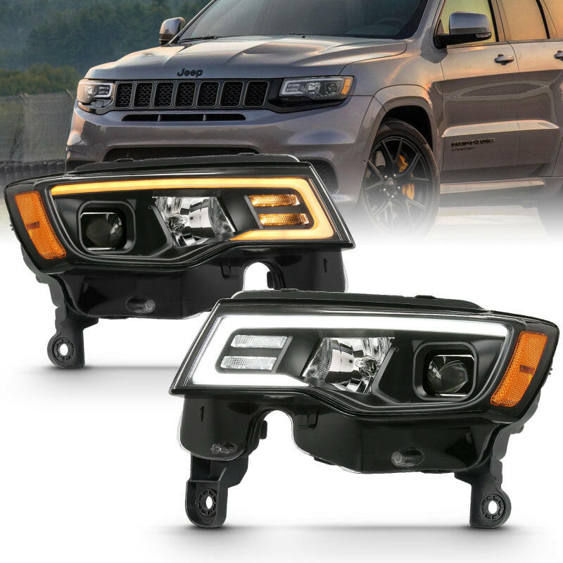 ANZO 2017-2018 Jeep Grand Cherokee Projector Headlights w/ Plank Style Switchback - Black w/ Amber Headlights ANZO