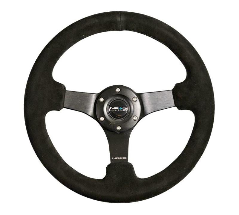 NRG Reinforced Steering Wheel (330mm / 3in Deep) Blk Suede w/Criss Cross Stitch w/Blk 3-Spoke Center Steering Wheels NRG