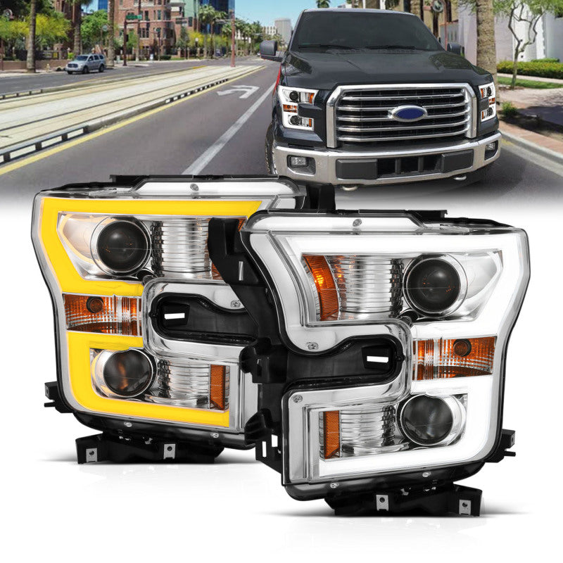 ANZO 2015-2017 Ford F-150 Projector Headlights w/ Plank Style Switchback Chrome w/ Amber Headlights ANZO