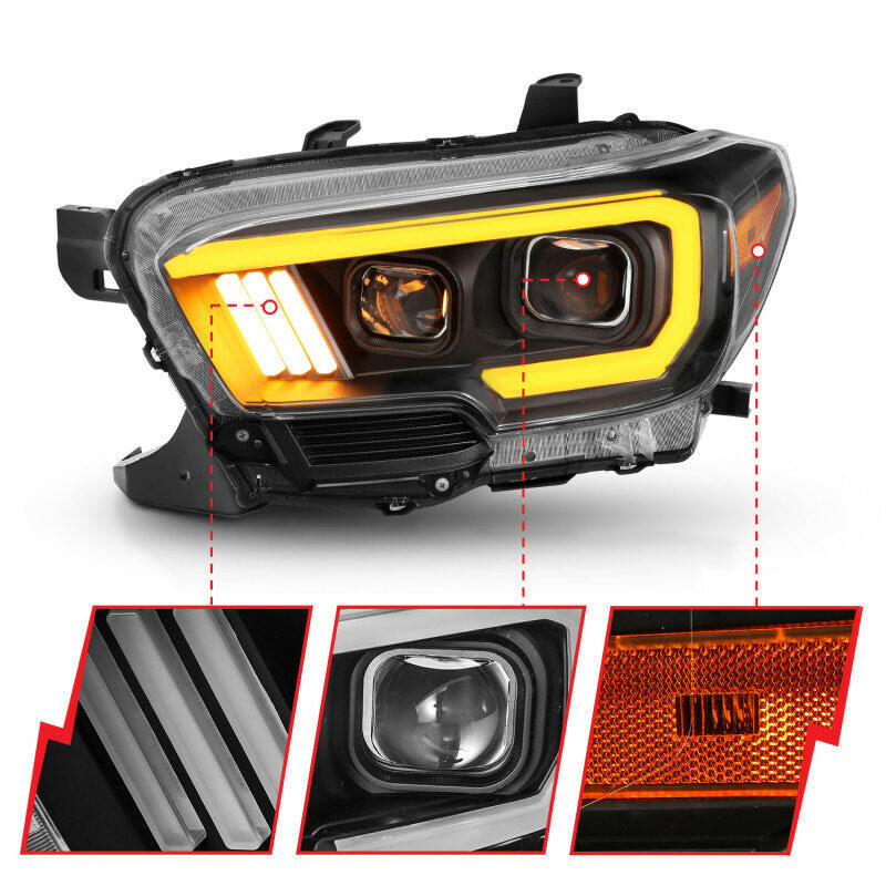 ANZO 2016-2017 Toyota Tacoma Projector Headlights w/ Plank Style Switchback Black w/ Amber w/ DRL Headlights ANZO