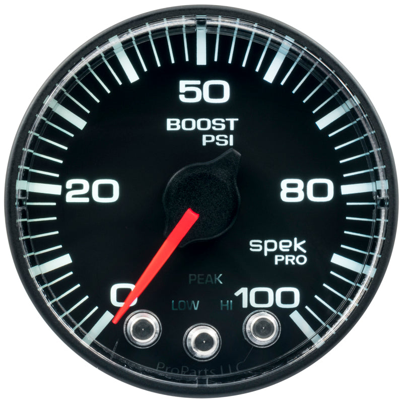 Autometer Spek-Pro Gauge Boost 2 1/16in 100psi Stepper Motor W/Peak & Warn Blk/Blk Gauges AutoMeter