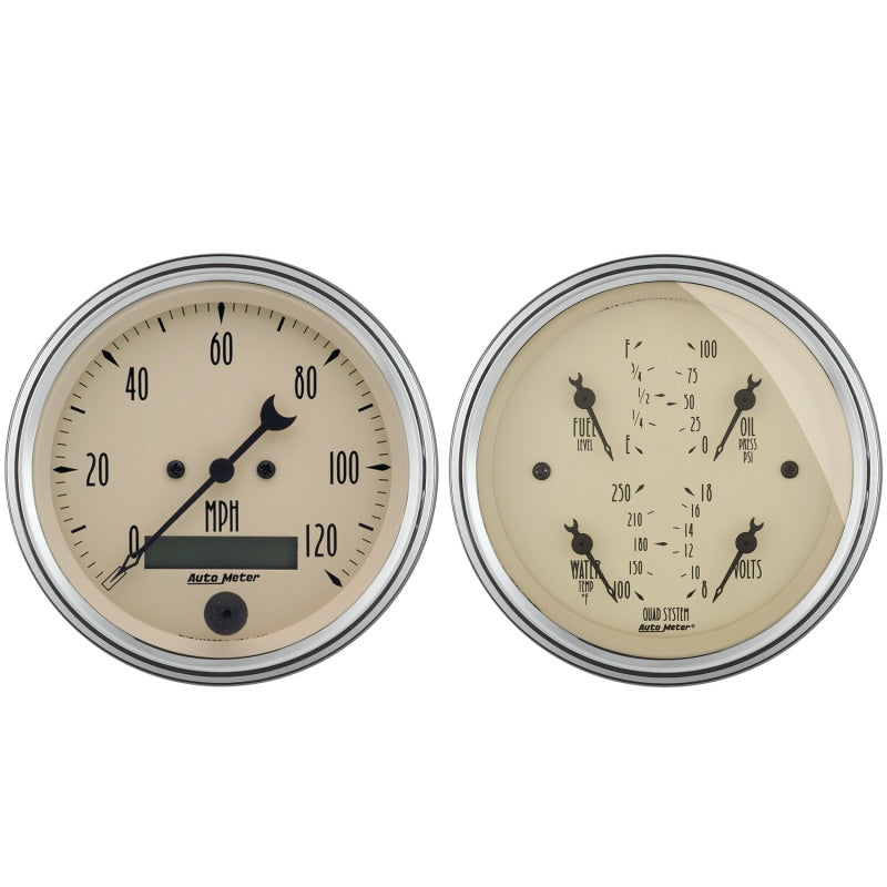 AutoMeter Gauge Kit 2 Pc. Quad & Speedometer 3-3/8in. Antique Beige Gauges AutoMeter
