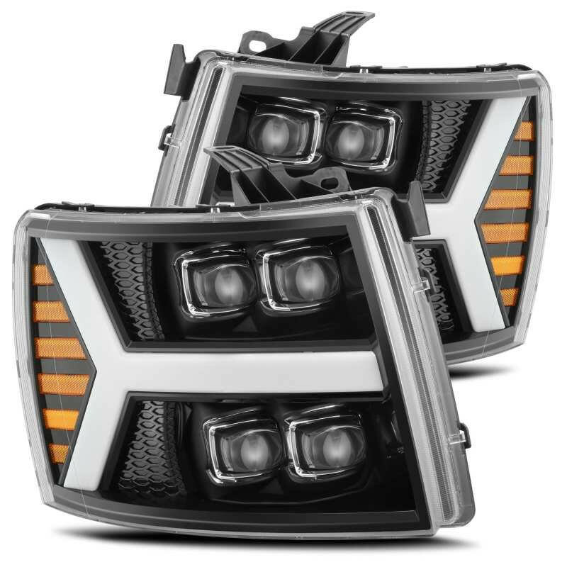 AlphaRex 07-13 Chevy 1500HD(NewBody) NOVA LED Proj Headlight Plank Sty Glos Blk w/Activ Lite/Seq Sig Headlights AlphaRex