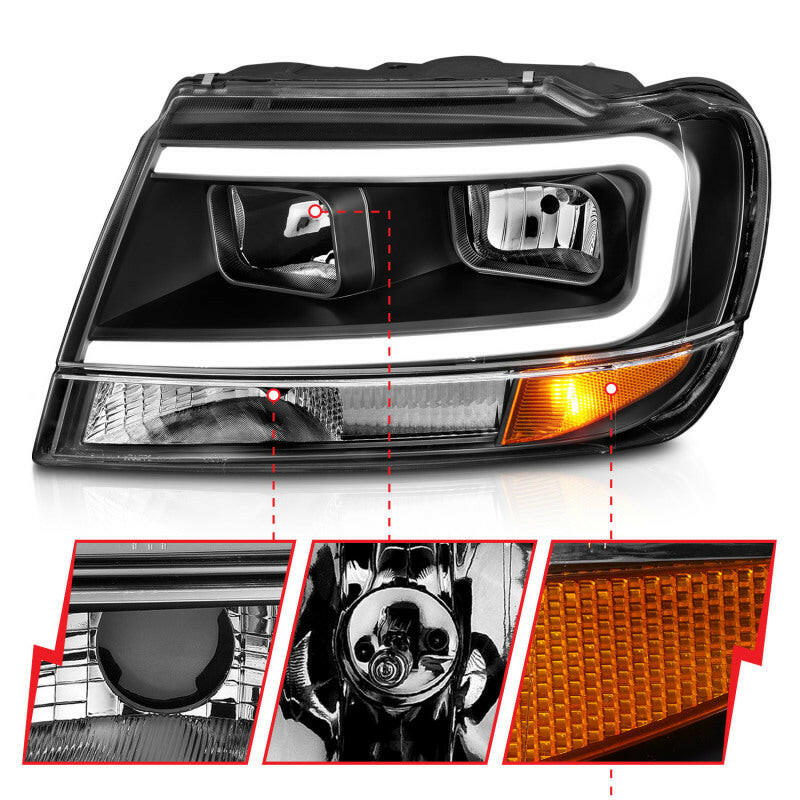 ANZO 99-04 Jeep Grand Cherokee Crystal Headlights - w/ Light Bar Black Housing Headlights ANZO