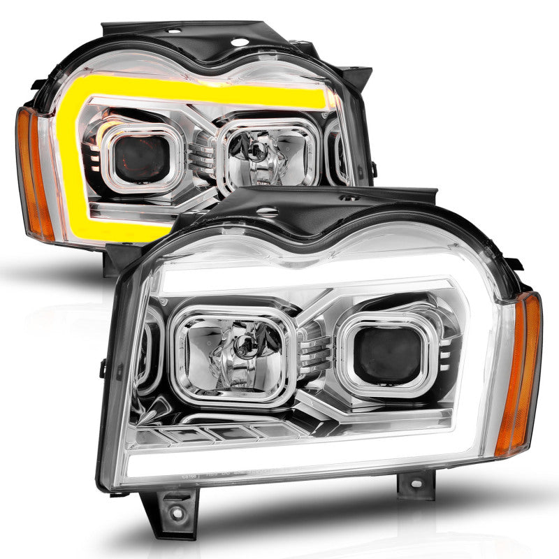 ANZO 05-07 Jeep Grand Cherokee Projector Headlights - w/ Light Bar Switchback Chrome Housing Headlights ANZO