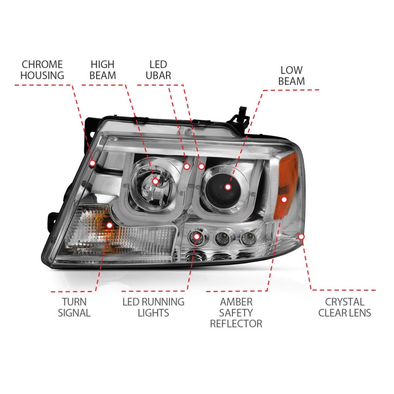 ANZO 2004-2008 Ford F-150 Projector Headlights w/ U-Bar Chrome Headlights ANZO