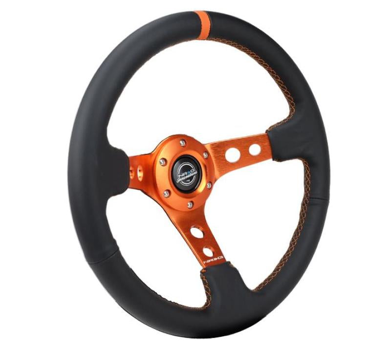 NRG Reinforce Steering Wheel (350mm / 3in. Deep) Blk Leather, Orange Center Mark w/ Orange Stitching Steering Wheels NRG
