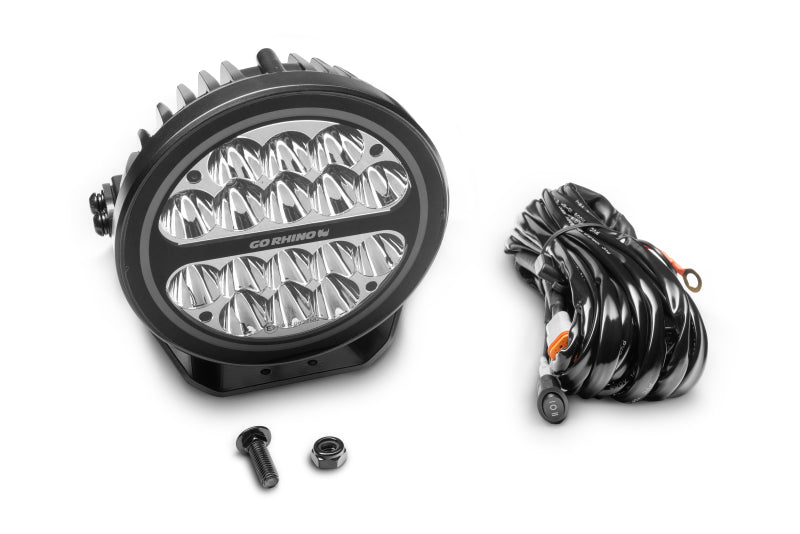 Go Rhino Xplor Blackout Series Round LED Spot Light Beam w/DRL (Surface/Thread Stud Mnt) 7in. - Blk Light Bars & Cubes Go Rhino