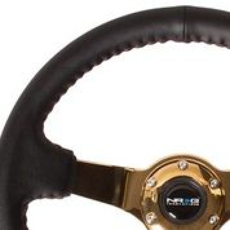 NRG Reinforced Steering Wheel (3in Deep / 4mm) 350mm Blk Leather w/Red BBall Stitch & Gold Spoke Steering Wheels NRG