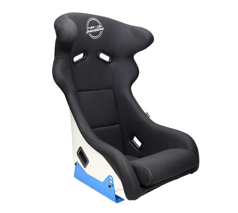NRG FRP Bucket Seat - White Finish with Arrow Embroidery And Blue Side Mount Bracket Race Seats NRG