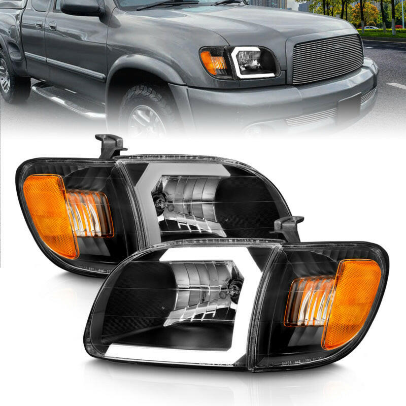 ANZO 00-04 Toyota Tundra (Fits Reg/Acc Cab Only) Crystal Headlights w/Light Bar Black w/Corner Light Headlights ANZO