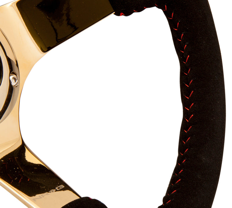 NRG Reinforced Steering Wheel (350mm / 3in. Deep) Blk Suede w/Red BBall Stitch & Chrome Gold 3-Spoke Steering Wheels NRG