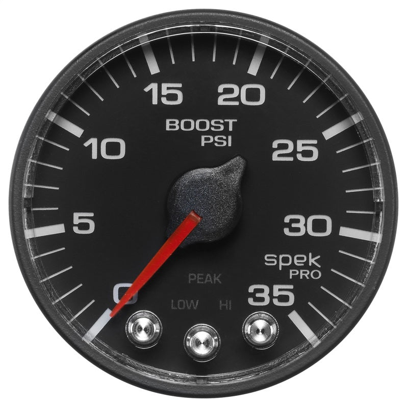Autometer Spek-Pro Gauge Boost 2 1/16in 35psi Stepper Motor W/Peak & Warn Black/Black Gauges AutoMeter
