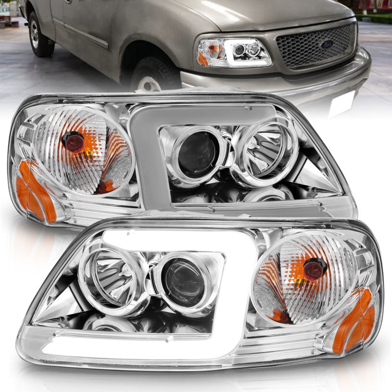 ANZO 1997-2003 Ford F-150 Projector Headlights w/ Light Bar Chrome Housing Headlights ANZO