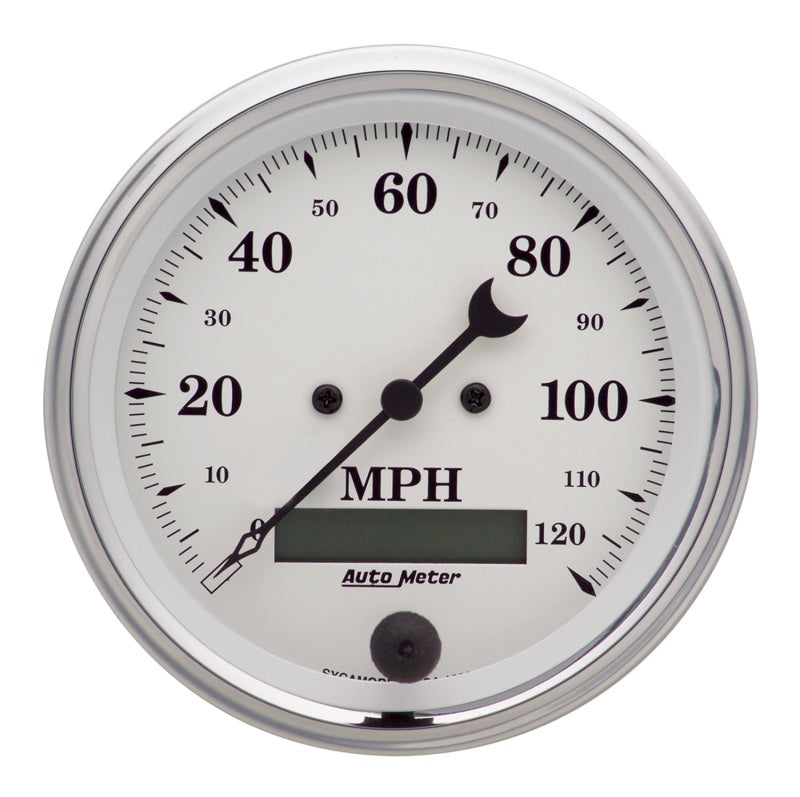 AutoMeter Gauge Speedo. 3-3/8in. 120MPH Elec. Prog. W/ Lcd Odo Old Tyme White Gauges AutoMeter