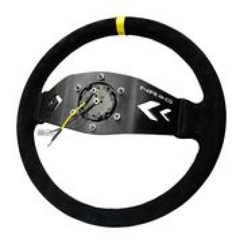 NRG Reinforced Steering Wheel (350mm / 3in. Deep) Blk Suede w/NRG Arrow Cut 2-Spoke & Yellow Mark Steering Wheels NRG