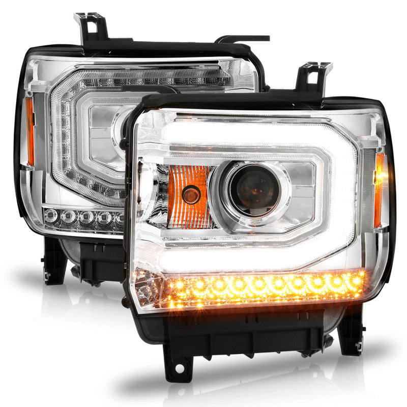 ANZO 2014-2015 GMC Sierra 1500 Projector Headlights w/ Light Bar Chrome Housing (Halogen Type) Headlights ANZO