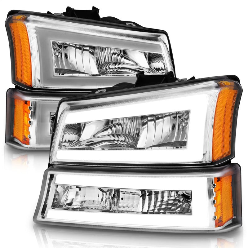 ANZO 2003-2006 Chevrolet Silverado 1500 Crystal Headlights w/ Light Bar Chrome Housing Headlights ANZO