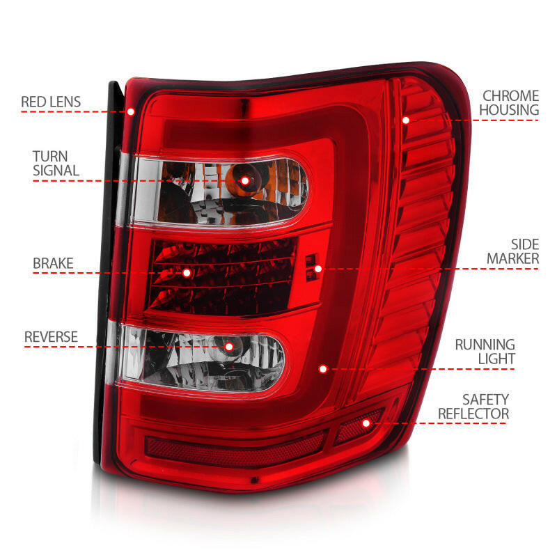 ANZO 1999-2004 Jeep Grand Cherokee LED Tail Lights w/ Light Bar Chrome Housing Red/Clear Lens Tail Lights ANZO
