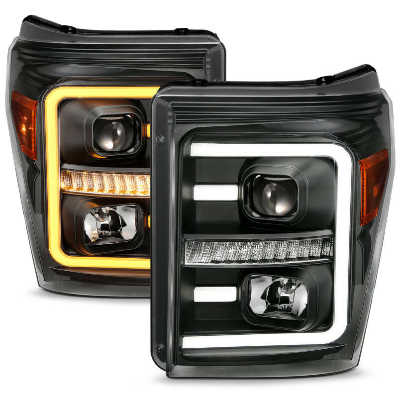 ANZO 2011-2016 Ford F250 Projector Headlights w/ Plank Style Switchback Black w/ Amber Headlights ANZO