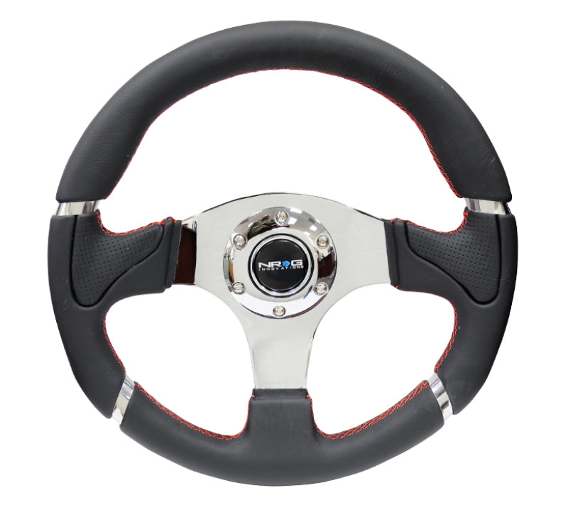 NRG Reinforced Steering Wheel (320mm) Blk Leather/Red Stitching w/Chrome 3-Spoke Center Steering Wheels NRG