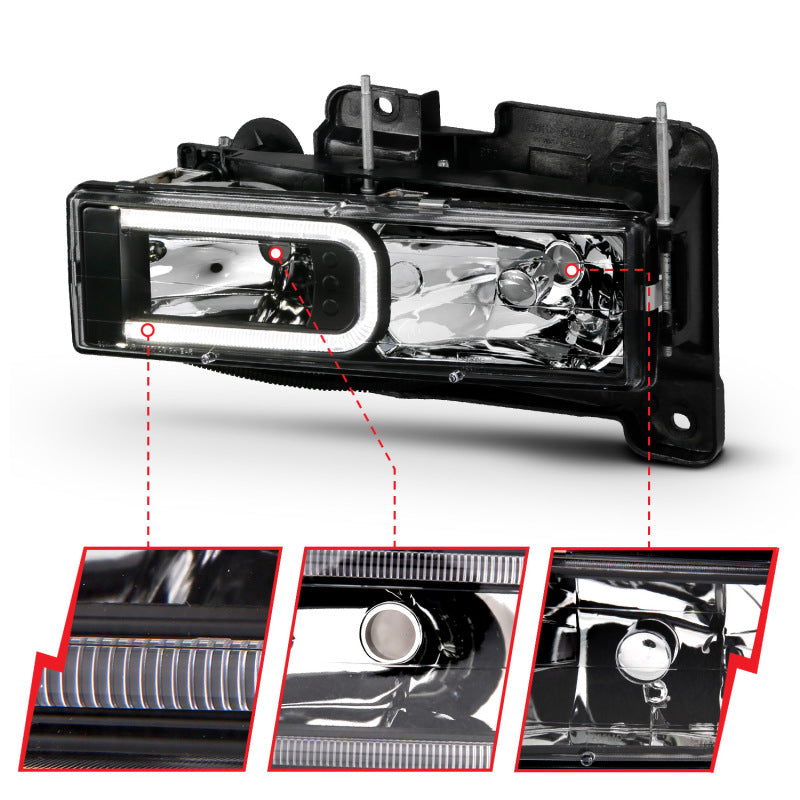 ANZO 1999-2000 Cadillac Escalade Crystal Headlights Light Bar Black Housing (Pair) Headlights ANZO