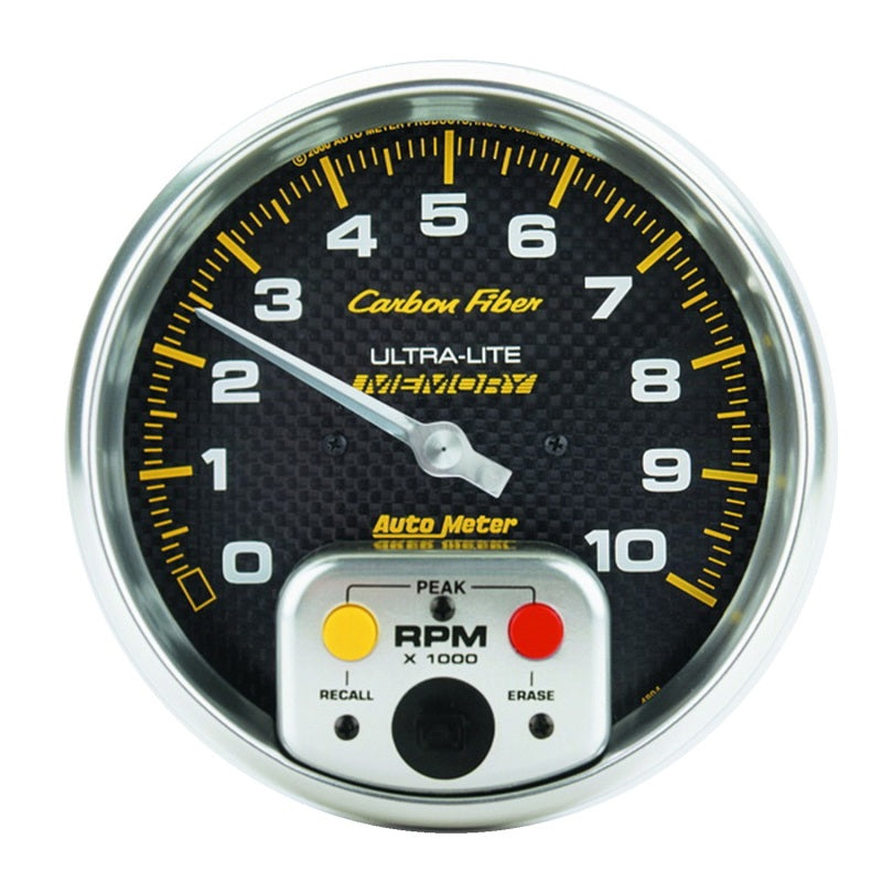 AutoMeter Gauge Tachometer 5in. 10K RPM In-Dash W/ Peak Memory Carbon Fiber Gauges AutoMeter