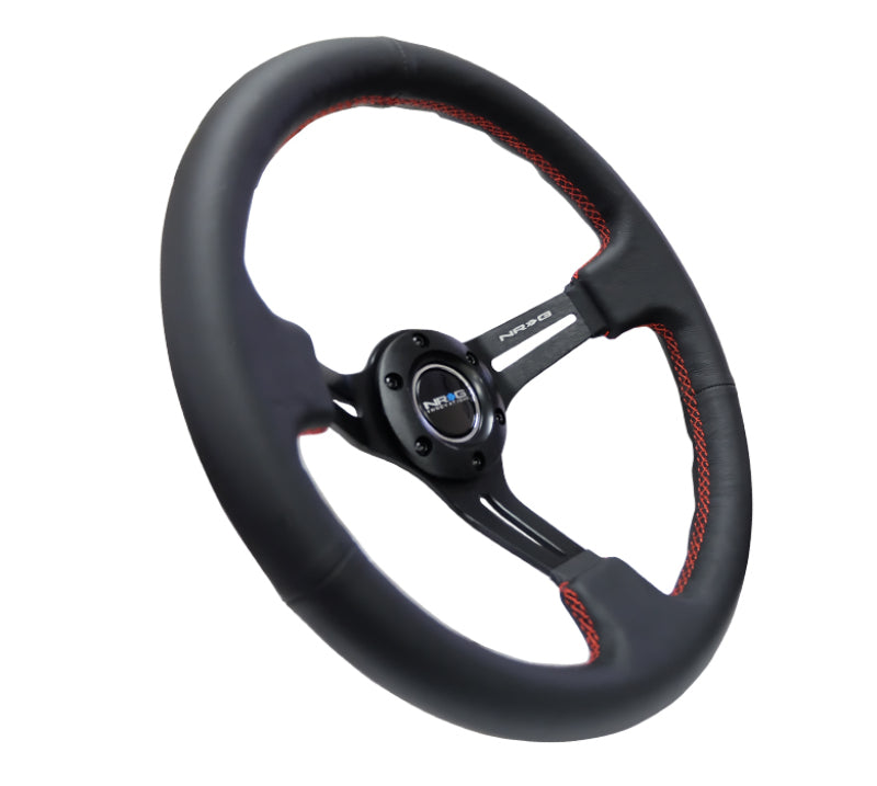 NRG Reinforced Steering Wheel (350mm / 3in. Deep) Black Leather/Red Stitch & Blk 3-Spoke w/Slits Steering Wheels NRG
