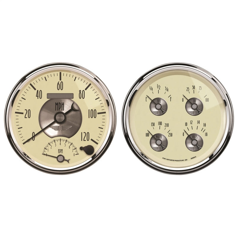 AutoMeter Gauge Kit 2 Pc. Quad & Tach/Speedo 5in. Prestige Antq. Ivory Gauges AutoMeter