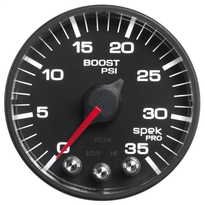 Autometer Spek-Pro Gauge Boost 2 1/16in 35psi Stepper Motor W/Peak & Warn Black/Black Gauges AutoMeter