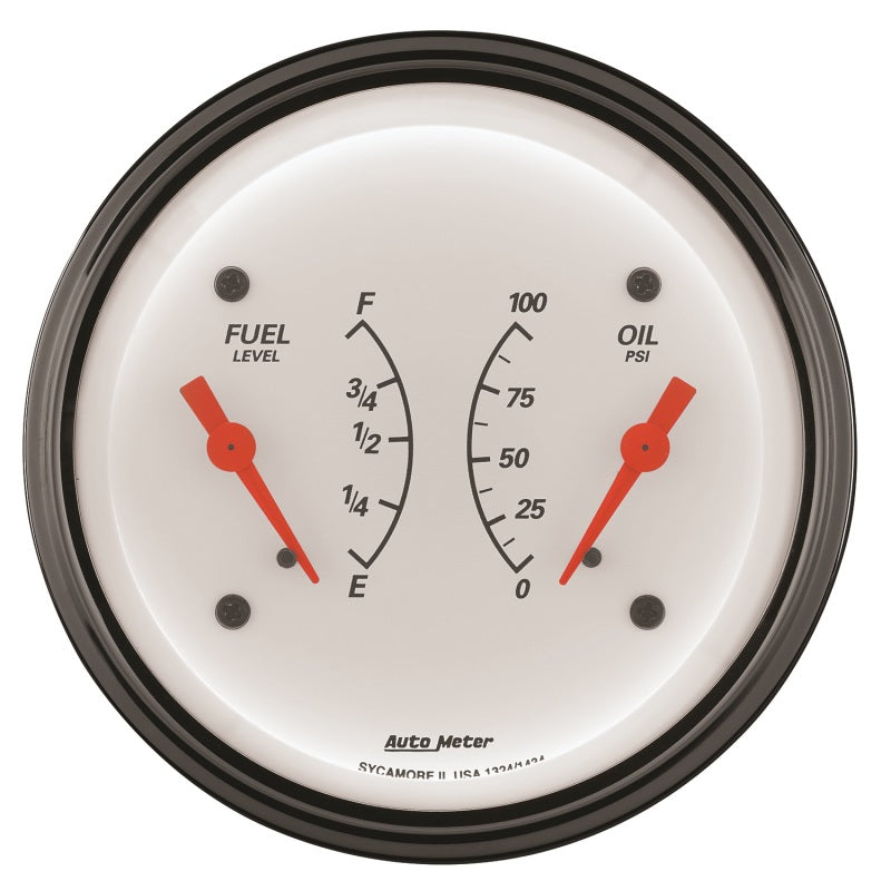AutoMeter Gauge Dual Fuel & Oilp 3-3/8in. 240 Ohm(e) to 33 Ohm(f) & 100PSI Elec Arctic White Gauges AutoMeter