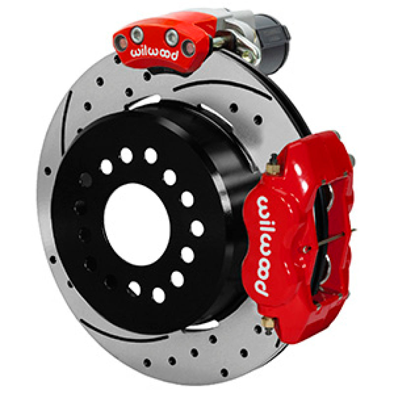 Wilwood Forged Dynalite Rear Electronic Parking Brake Kit - Red Powder Coat Caliper - D/S Rotor Brake Calipers - Perf Wilwood