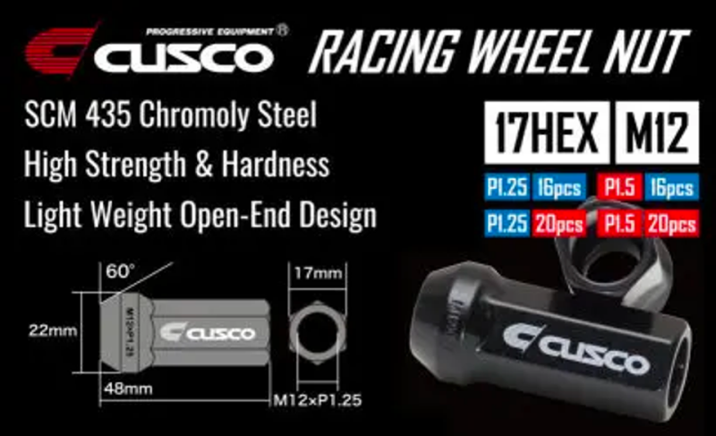 Cusco Universal Wheel Lug Nut Set M12 x P1.5mm - Black (16pcs) Lug Nuts Cusco