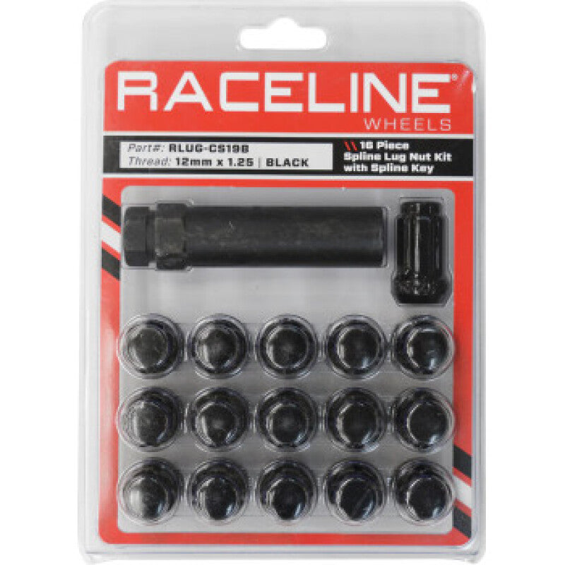 Raceline Spline Lug Nut Kit with Spline Key 12 x 1.25 - 16 Pack - Black Lug Nuts Raceline