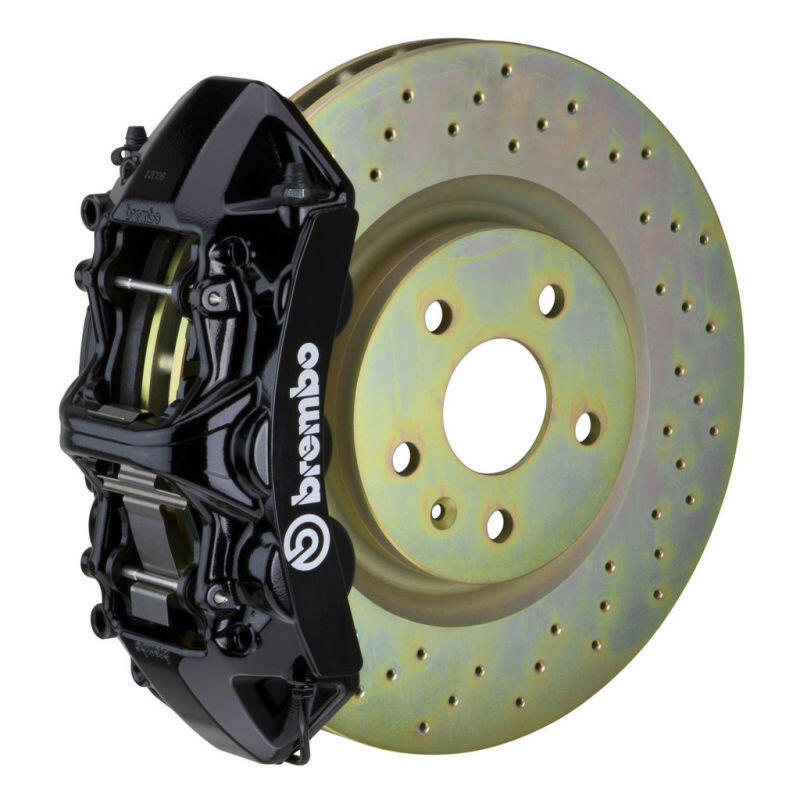 Brembo 05-14 Mustang GT Excl non-ABS Equipped Fr GT BBK 6Pist Cast 355x32 1pc Rtr Drill-Black Brake Kits - Performance Slot Brembo