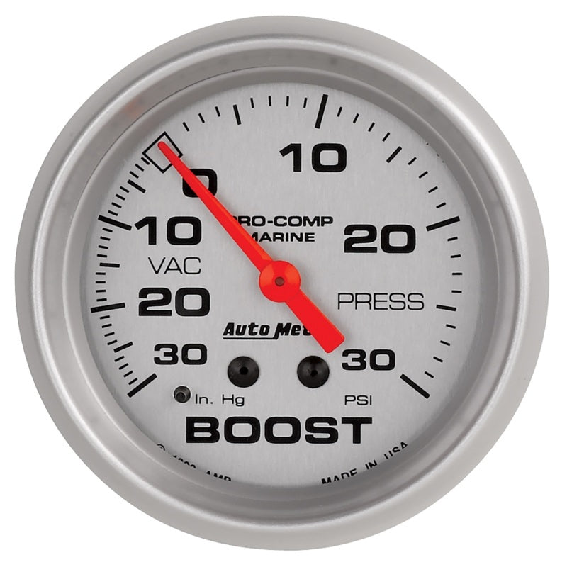 AutoMeter Marine Vac/Boost Gauge 2 5/8in 30INHG 30PSI Mechanical- Silver Gauges AutoMeter