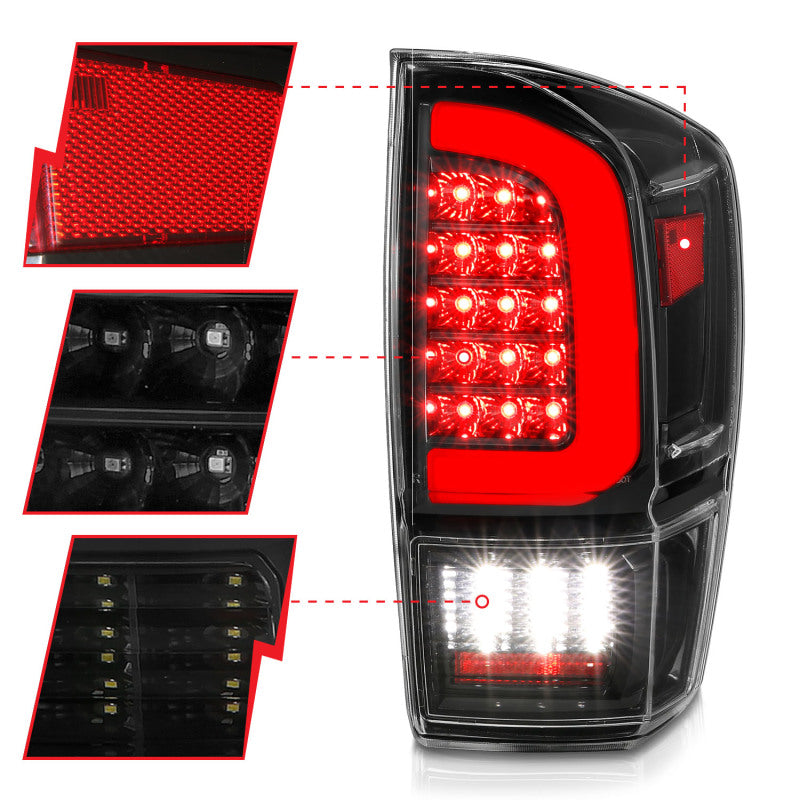 ANZO 16-21 Toyota Tacoma LED Tail Lights - w/ Light Bar Sequential Black Housing & Clear Lens Tail Lights ANZO