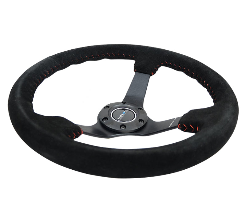 NRG Reinforced Steering Wheel (350mm / 3in. Deep) Blk Suede/Red BBall Stitch w/5mm Matte Blk Spokes Steering Wheels NRG