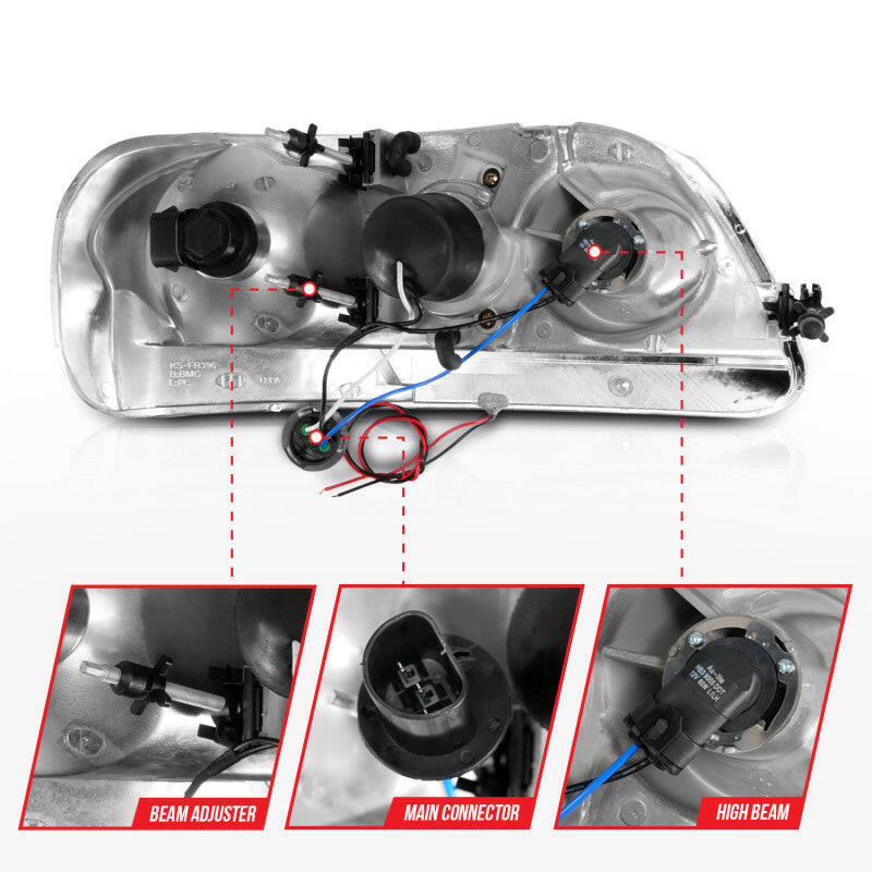 ANZO 1997-2003 Ford F-150 Projector Headlights w/ Light Bar Black Housing Headlights ANZO