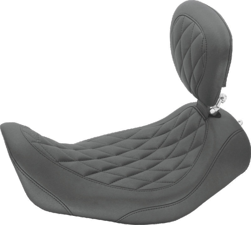 Mustang 06-17 Harley Dyna Wide Tripper Solo Seat w/Driver Backrest Diamond Stitch - Black Solo Motorcycle Seats Mustang Motorcycle