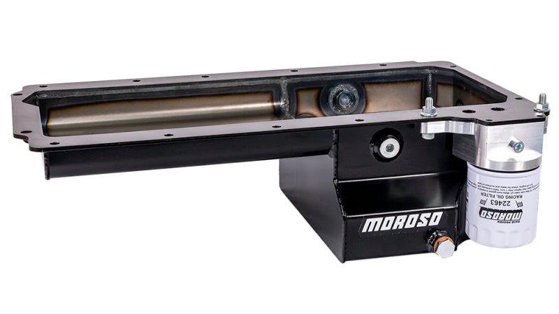 Moroso GM LS Early F-Body (Road Race) Spin-On Filter Drain Back Rear Sump Steel Oil Pan - Black Oil Pans Moroso
