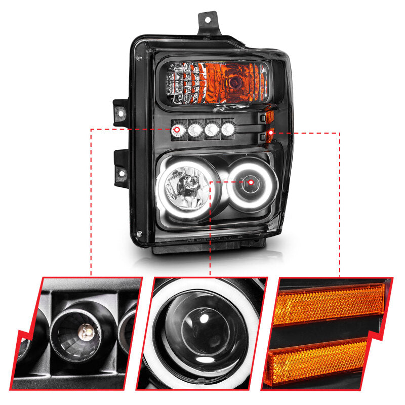 ANZO 2008-2010 Ford F-250 Projector Headlights w/ Halo Black (CCFL) Headlights ANZO