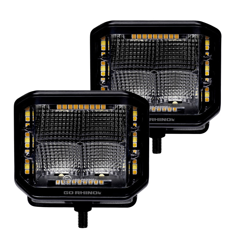 Go Rhino Xplor Blackout Combo Series Cube Sideline LED Flood Lights w/Amber 4x3 - Blk (Pair) Light Bars & Cubes Go Rhino