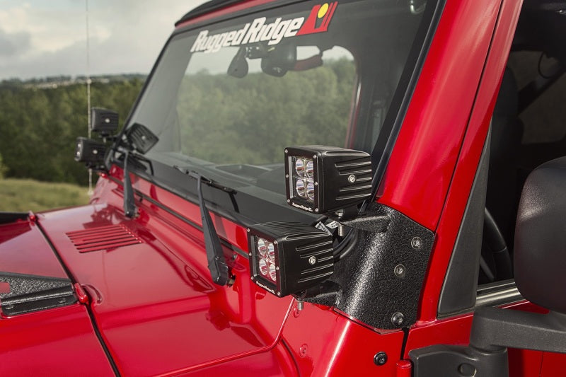 Rugged Ridge 97-06 Jeep Wrangler TJ/LJ 3in Square Dual A-Pillar LED Kit Light Bars & Cubes Rugged Ridge