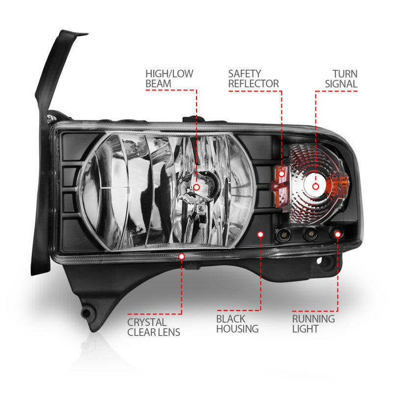 ANZO 1994-2001 Dodge Ram Crystal Headlights Black w/ LED Headlights ANZO