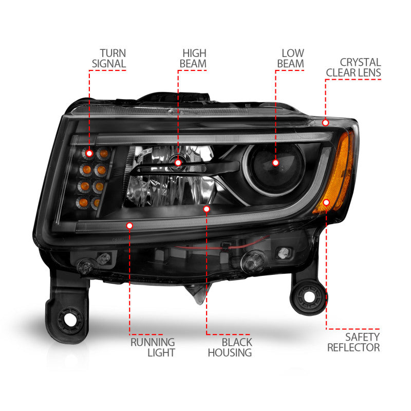 ANZO 2014-2015 Jeep Grand Cherokee Projector Headlights w/ Plank Style Design Black Headlights ANZO