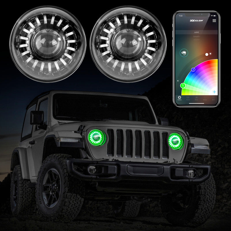 XK Glow 2pc 7in App Control RGB Wrangler JL Headlight Kit w/ Mounting Brackets Light Accessories and Wiring XKGLOW