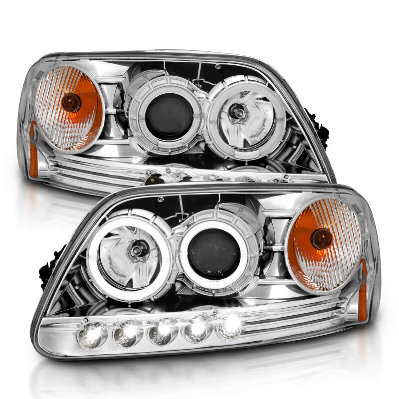 ANZO 1997.5-2003 Ford F-150 Projector Headlights w/ Halo and LED Chrome 1pc Headlights ANZO