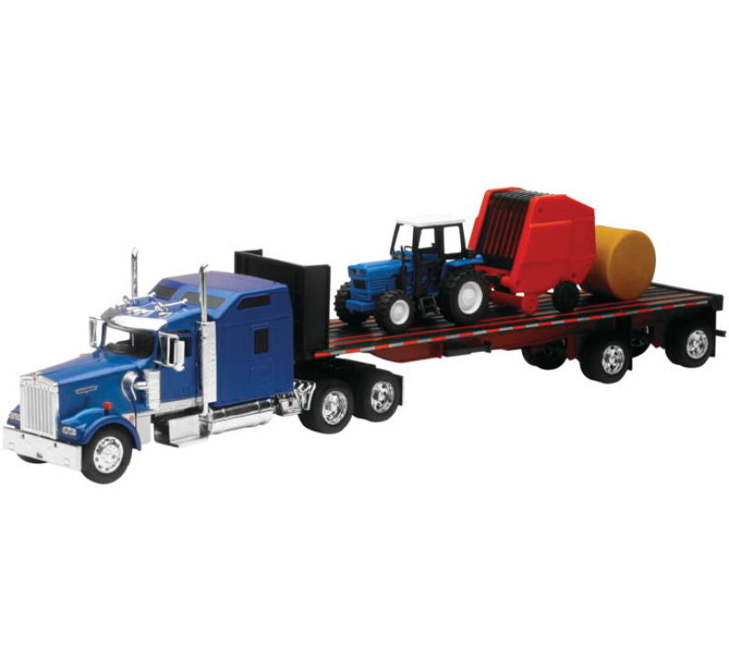 New Ray Toys Kenworth W900 with Flatbed, Tractor and Round Haybales/ Scale - 1:32 Toys New Ray Toys